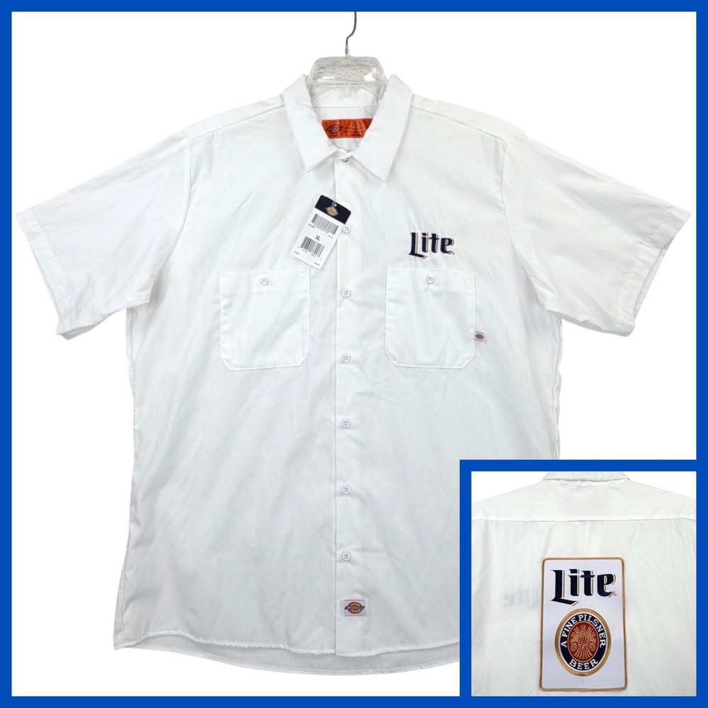 Dickies Miller Lite Beer Uniform Shirt Men XL White Short Sleeve Back Patch NWT
